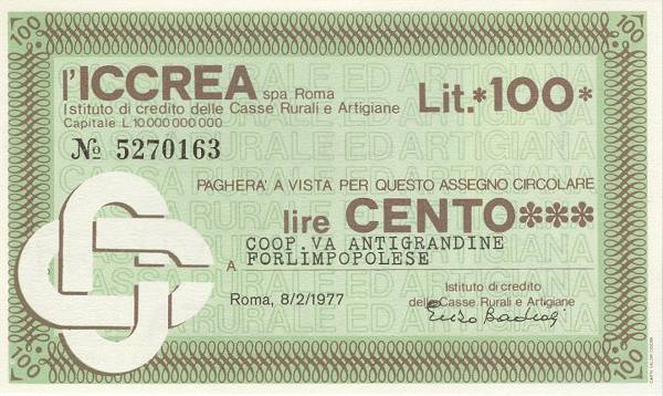100 lire ICCREA Coop. Antigrandine Forlimpopoli