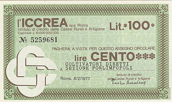 100 lire ICCREA Coltivatori Diretti Forlimpopoli