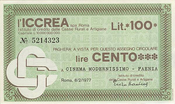 100 lire ICCREA Cinema Modernissimo Faenza