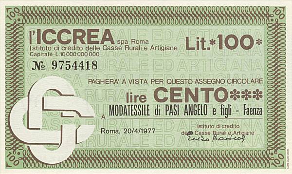 100 lire ICCREA Modatessile Pasi Angelo Faenza