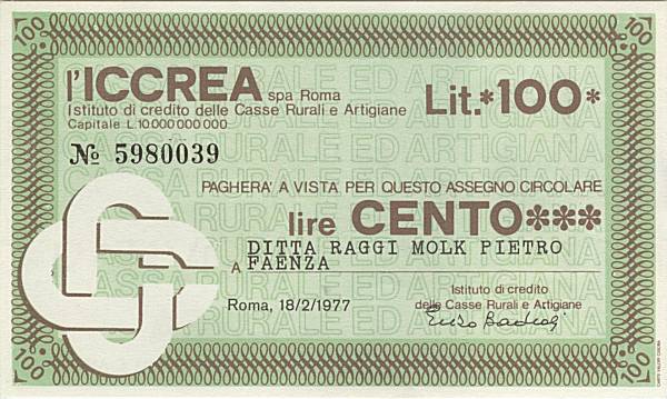 100 lire ICCREA Raggi Molk Pietro Faenza