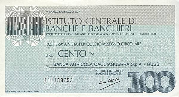 100 lire ICBB Banca Agricola Cacciaguerra Russi