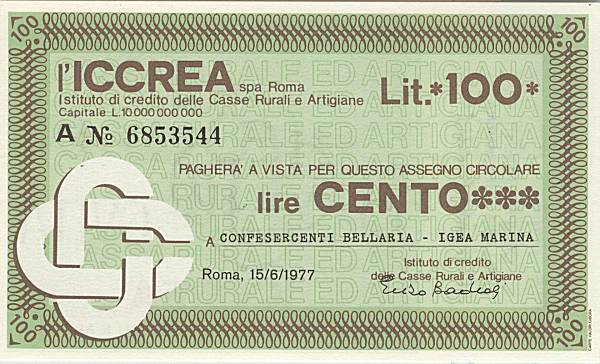 100 lire ICCREA Confesercenti Bellaria