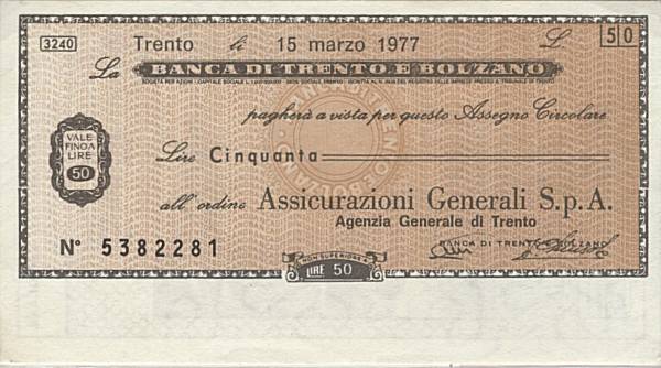 50 lire Banca Trento e Bolzano Assicurazioni Generali