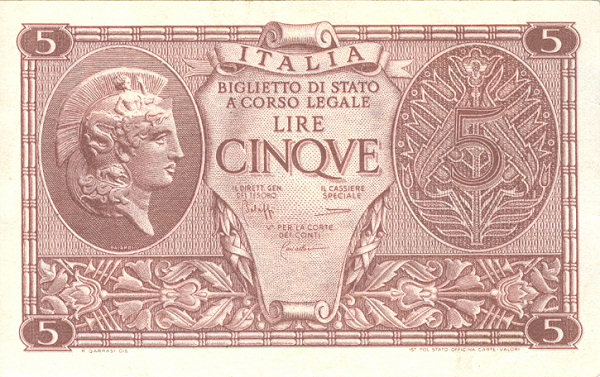 5 lire Biglietto di Stato 1944 1 tipo