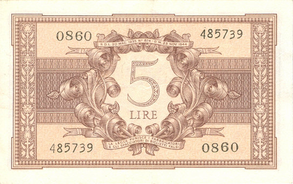 5 lire Biglietto di Stato 1944 1 tipo