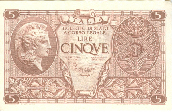 5 lire Biglietto di Stato 1944 2 tipo