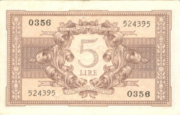 5 lire Biglietto di Stato 1944 2° tipo