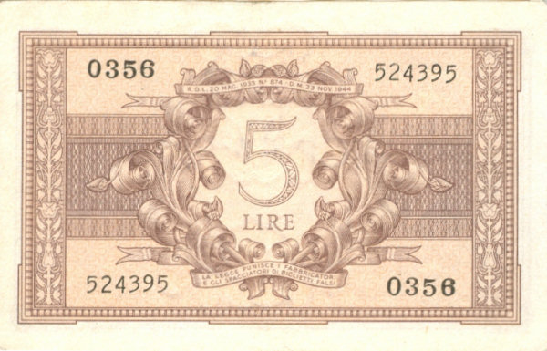 5 lire Biglietto di Stato 1944 2 tipo