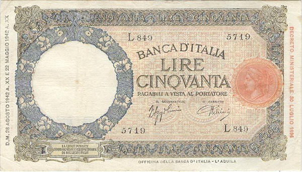 50 lire Lupa Capitolina L'Aquila ago.1942 circolato