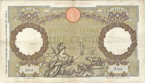 100 lire Aquila Romana ott.1939 circolato