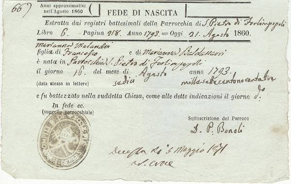 Estratto di nascita San Rufillo Forlimpopoli 1860