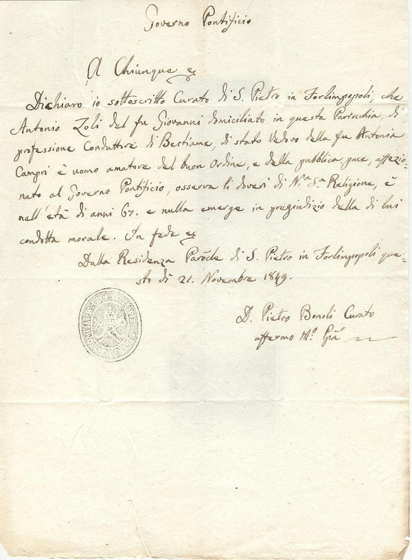 Certificato S. Pietro Forlimpopoli 1849
