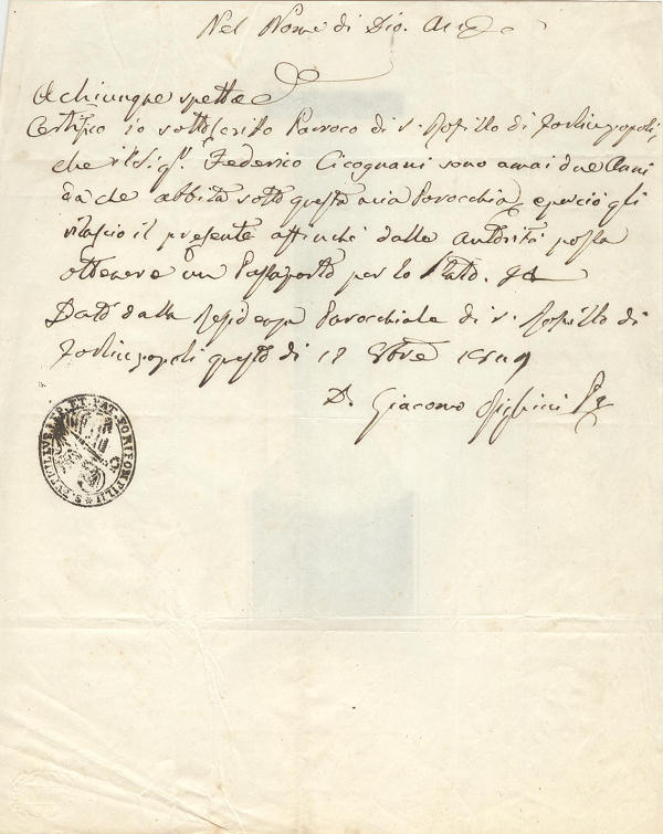 Certificato S. Pietro Forlimpopoli 1849