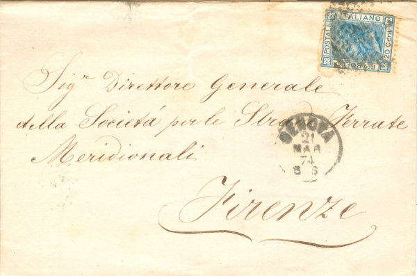 Sovracoperta da Genova per Firenze 1874