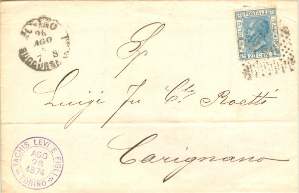 Lettera da Torino a Carignano 1874