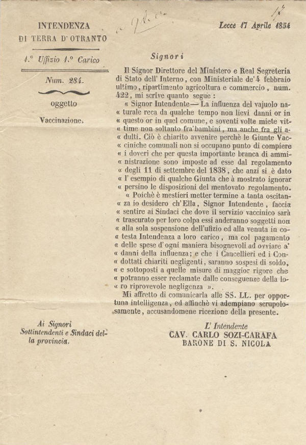 Lettera Sanità da Gallipoli per Maglie 1854