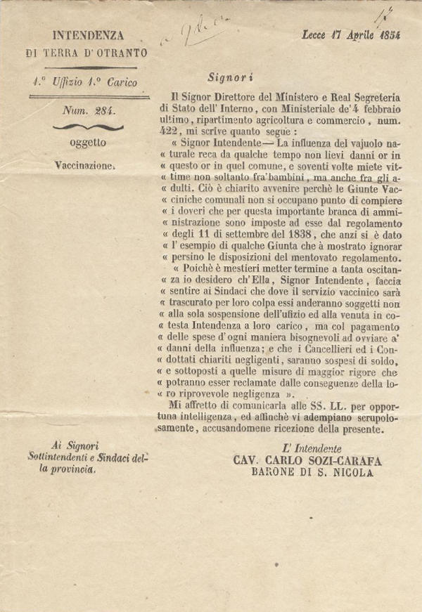 Lettera Sanit da Gallipoli per Maglie 1854