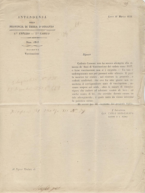 Lettera Sanit da Lecce per Maglie 1858