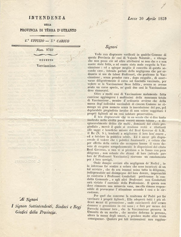 Lettera Sanità da Lecce per Maglie 1859