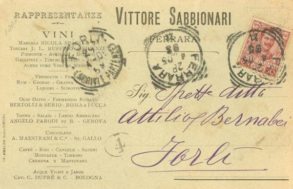 Rappresentante Vini Sabbionari - Ferrara 1905